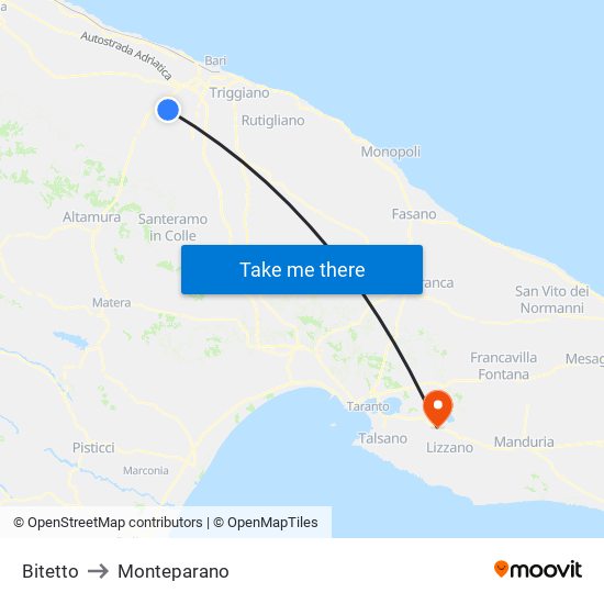 Bitetto to Monteparano map