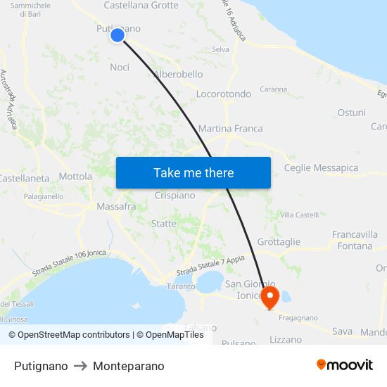 Putignano to Monteparano map