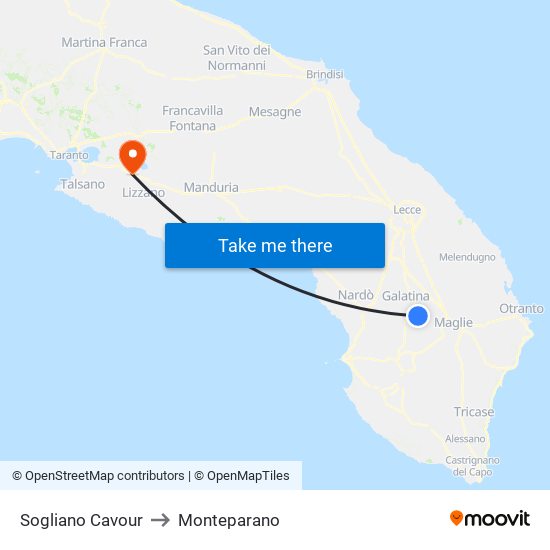 Sogliano Cavour to Monteparano map