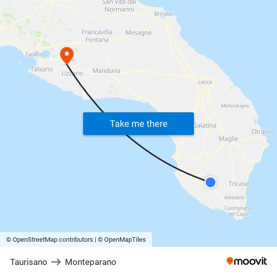 Taurisano to Monteparano map