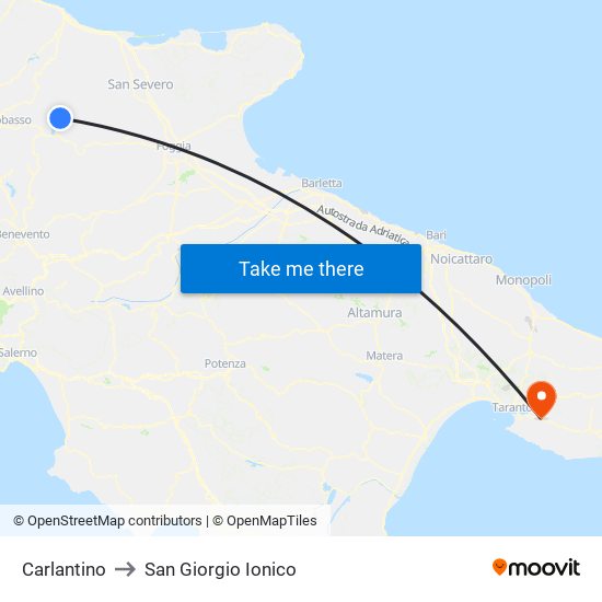 Carlantino to San Giorgio Ionico map