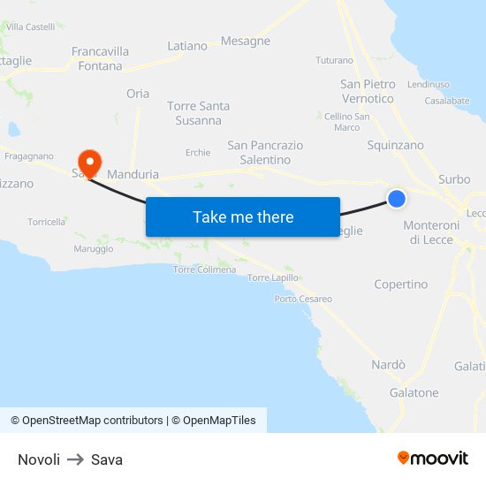 Novoli to Sava map