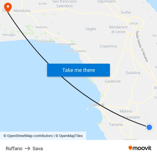 Ruffano to Sava map