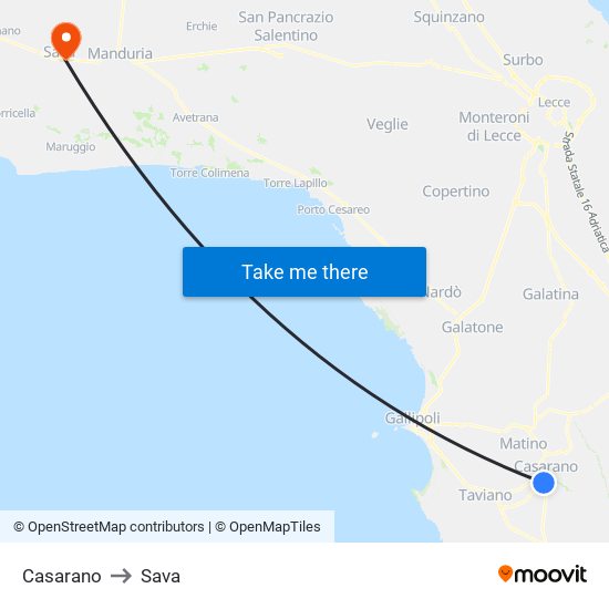 Casarano to Sava map