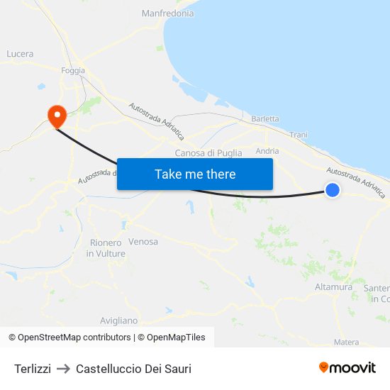 Terlizzi to Castelluccio Dei Sauri map