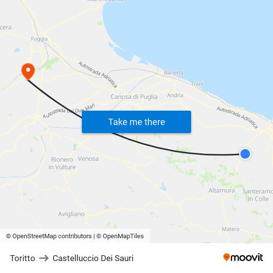 Toritto to Castelluccio Dei Sauri map