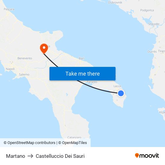 Martano to Castelluccio Dei Sauri map