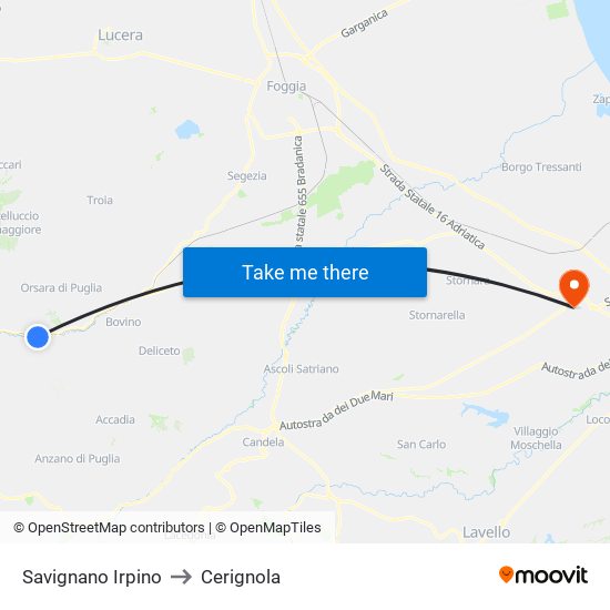 Savignano Irpino to Cerignola map