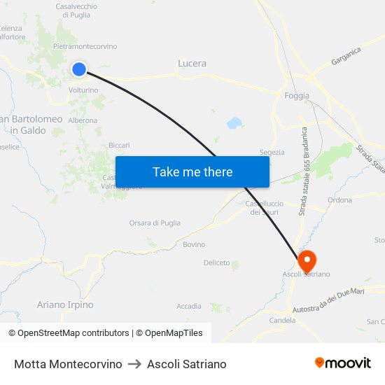 Motta Montecorvino to Ascoli Satriano map