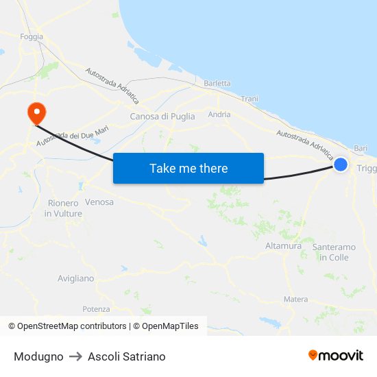 Modugno to Ascoli Satriano map