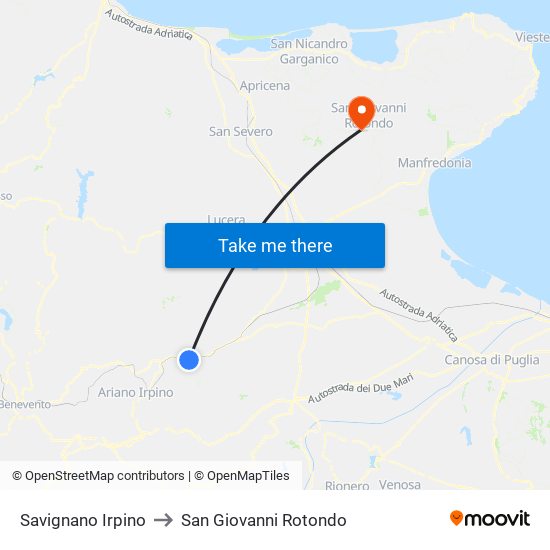 Savignano Irpino to San Giovanni Rotondo map