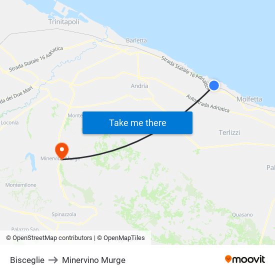 Bisceglie to Minervino Murge map