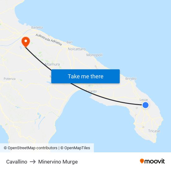 Cavallino to Minervino Murge map