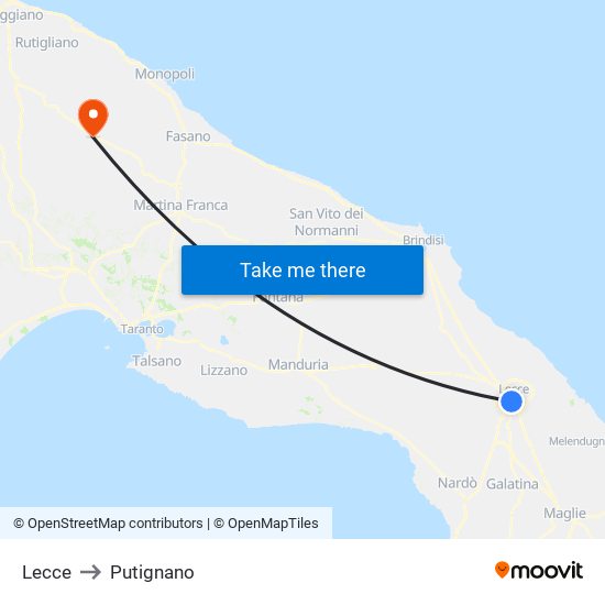 Lecce to Putignano map
