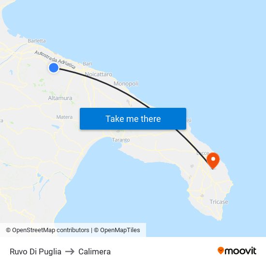 Ruvo Di Puglia to Calimera map