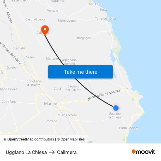 Uggiano La Chiesa to Calimera map