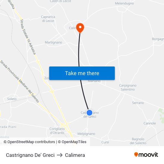 Castrignano De' Greci to Calimera map