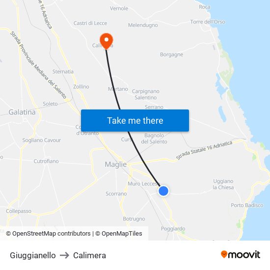 Giuggianello to Calimera map