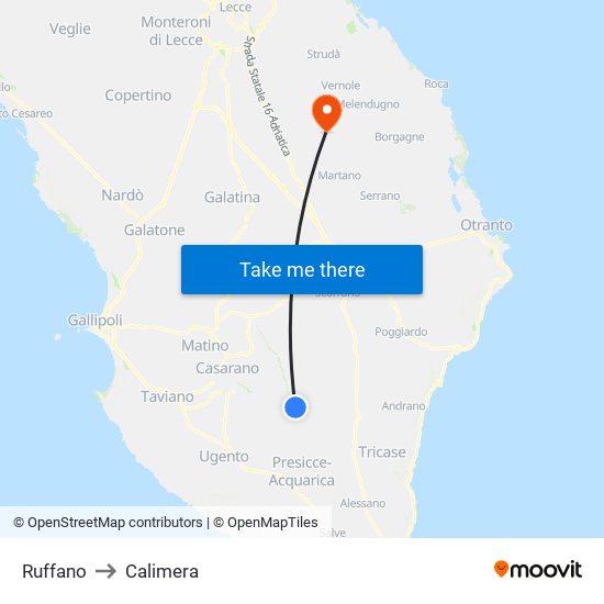 Ruffano to Calimera map