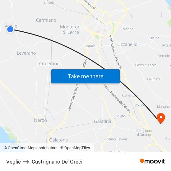 Veglie to Castrignano De' Greci map