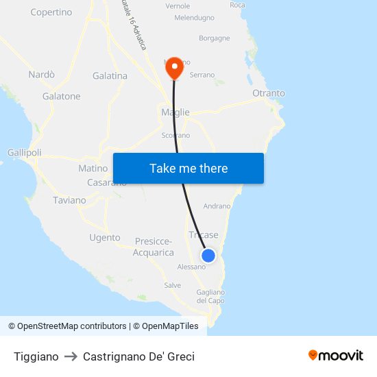 Tiggiano to Castrignano De' Greci map