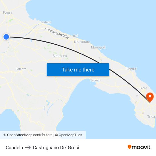 Candela to Castrignano De' Greci map