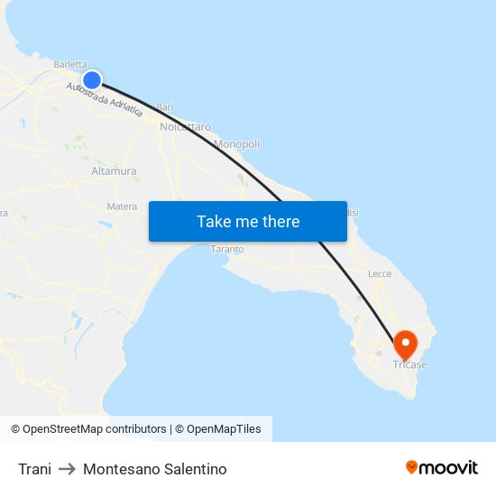 Trani to Montesano Salentino map