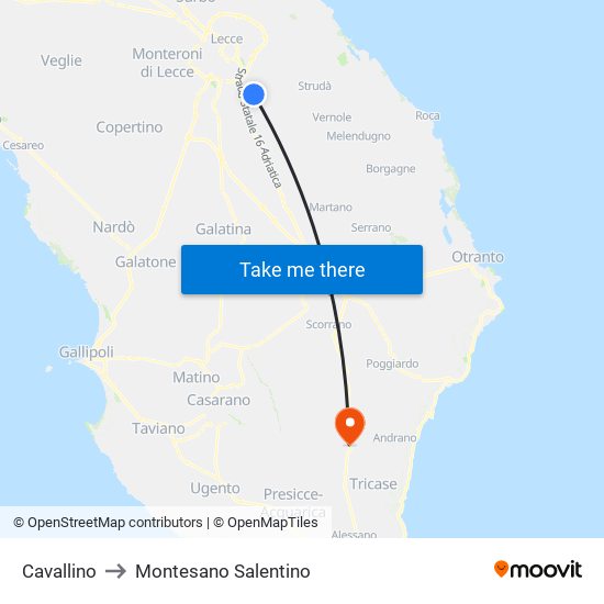 Cavallino to Montesano Salentino map