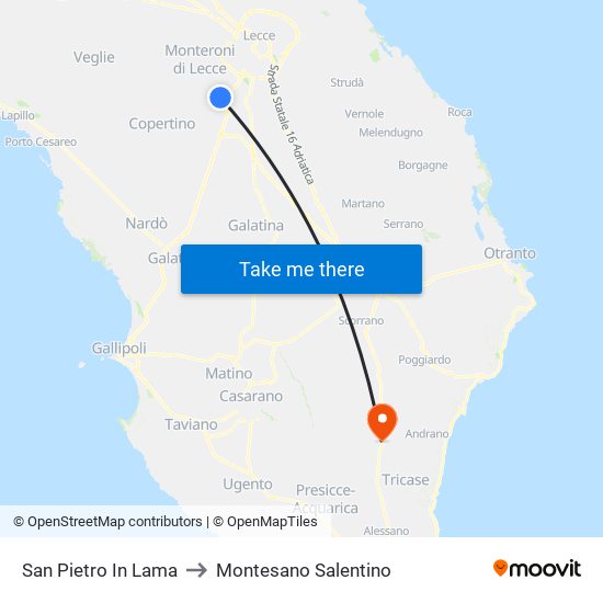 San Pietro In Lama to Montesano Salentino map