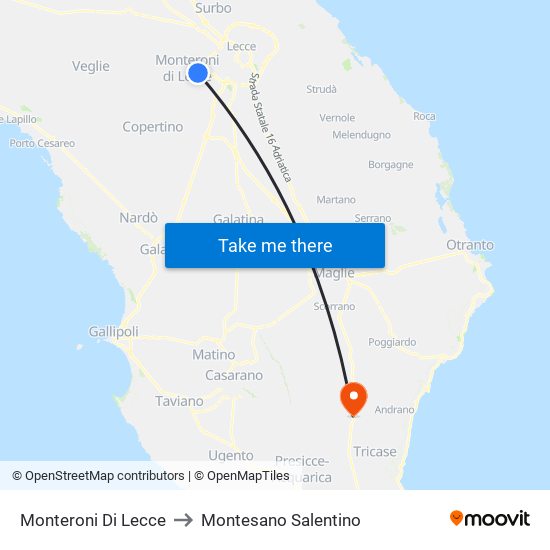 Monteroni Di Lecce to Montesano Salentino map