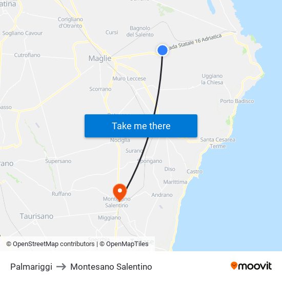 Palmariggi to Montesano Salentino map