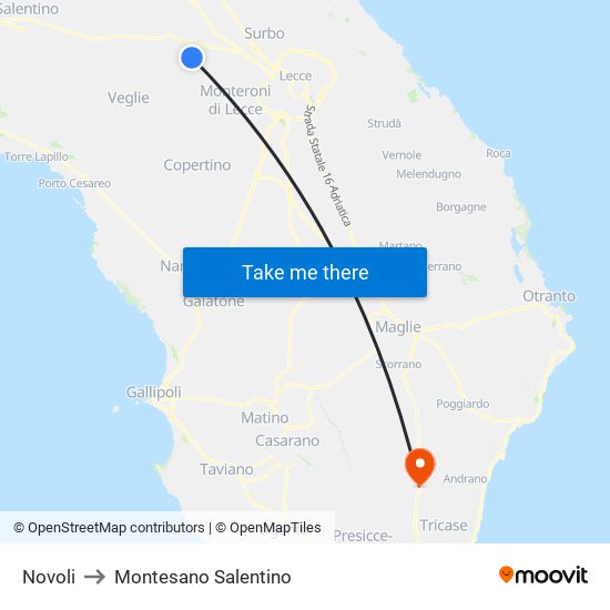 Novoli to Montesano Salentino map