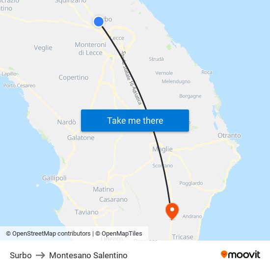 Surbo to Montesano Salentino map