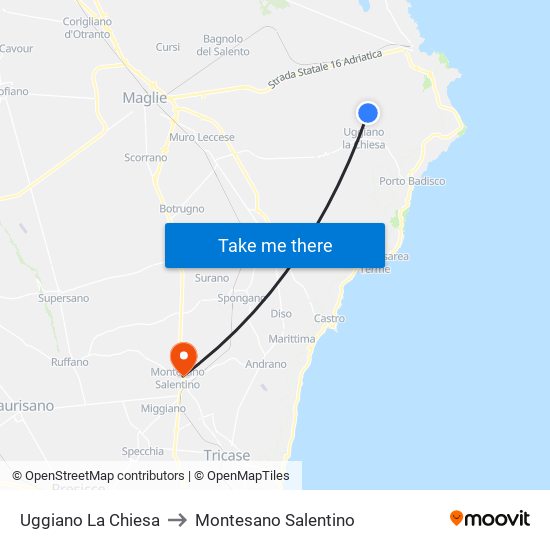 Uggiano La Chiesa to Montesano Salentino map