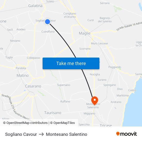 Sogliano Cavour to Montesano Salentino map