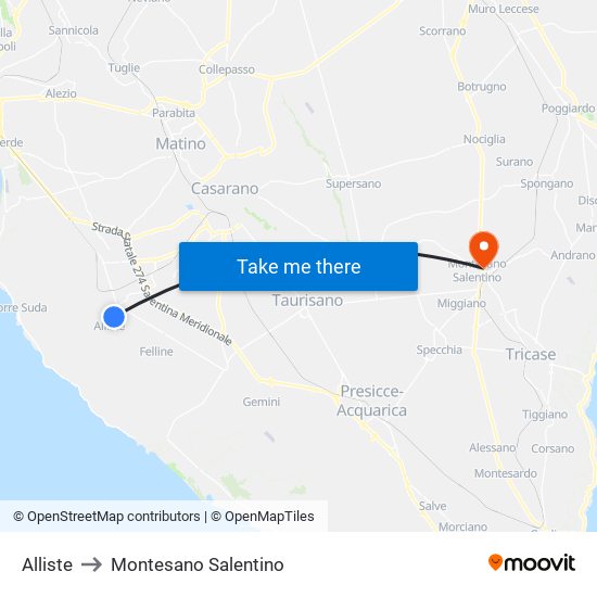 Alliste to Montesano Salentino map