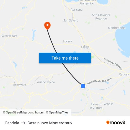 Candela to Casalnuovo Monterotaro map