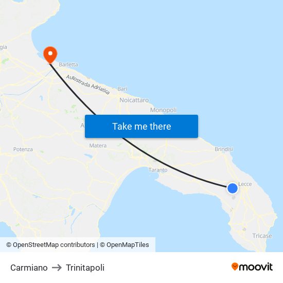 Carmiano to Trinitapoli map