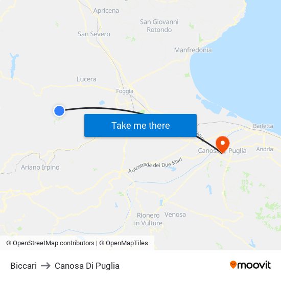 Biccari to Canosa Di Puglia map