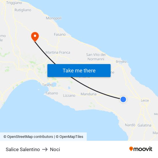 Salice Salentino to Noci map