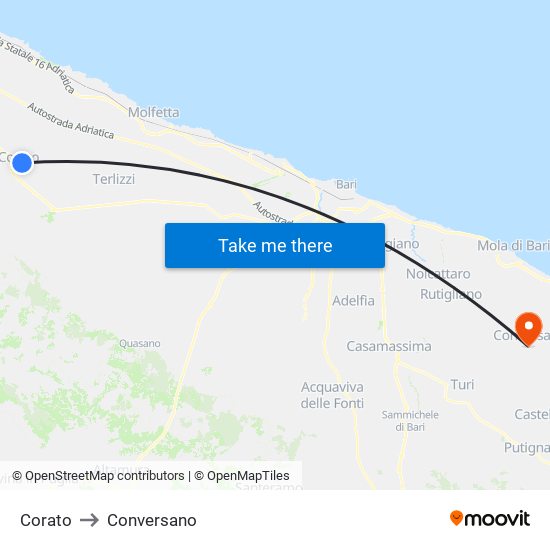 Corato to Conversano map