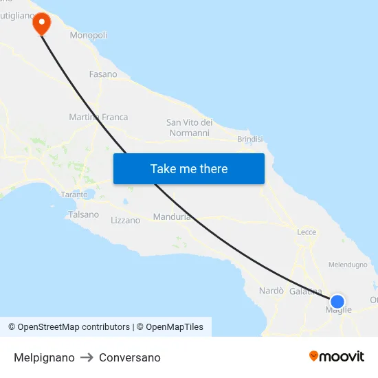 Melpignano to Conversano map