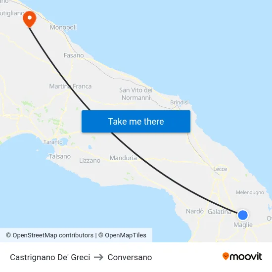Castrignano de' Greci to Conversano map
