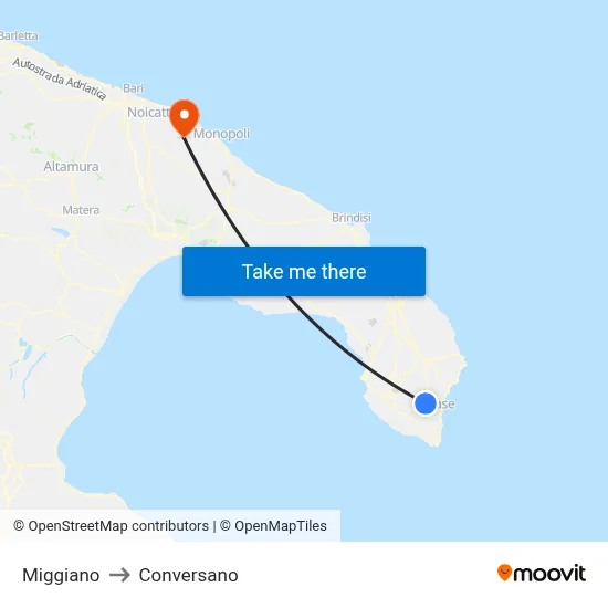 Miggiano to Conversano map