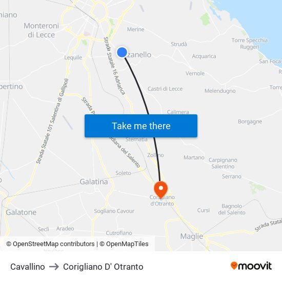 Cavallino to Corigliano D' Otranto map