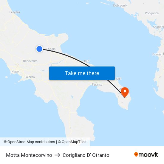 Motta Montecorvino to Corigliano D' Otranto map