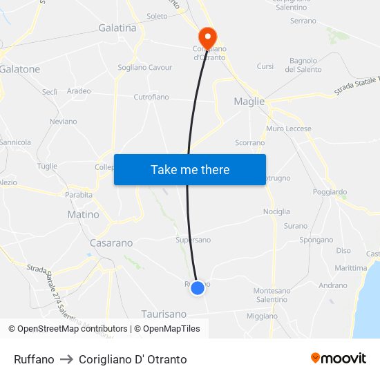 Ruffano to Corigliano D' Otranto map