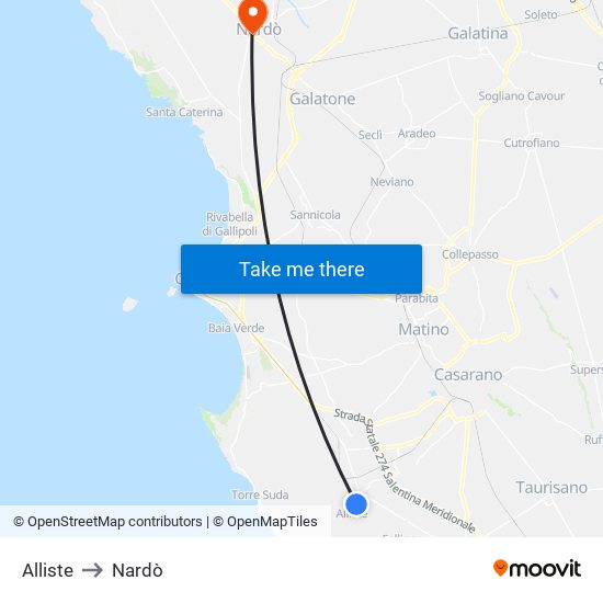 Alliste to Nardò map