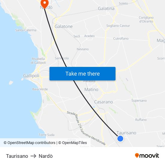 Taurisano to Nardò map