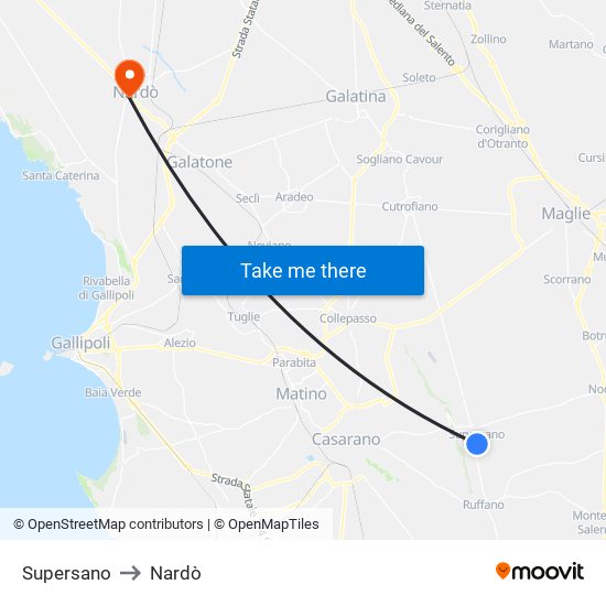 Supersano to Nardò map
